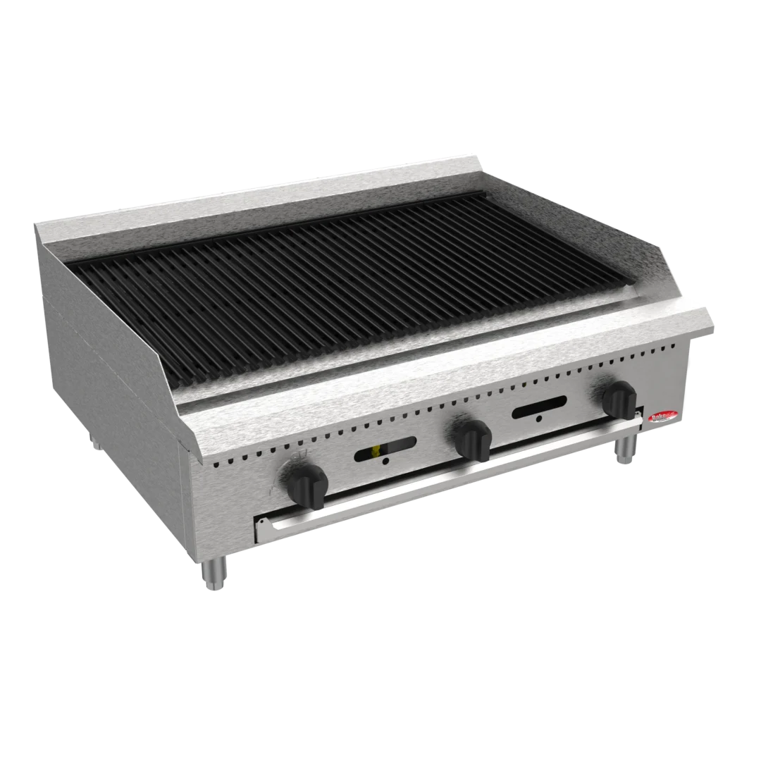 BakeMax America BACGG36 Commercial Countertop 36 Inch Wide Three Burner Manual Radiant Gas Charbroiler Grill Front Left View Main Product Picture with Background Removed