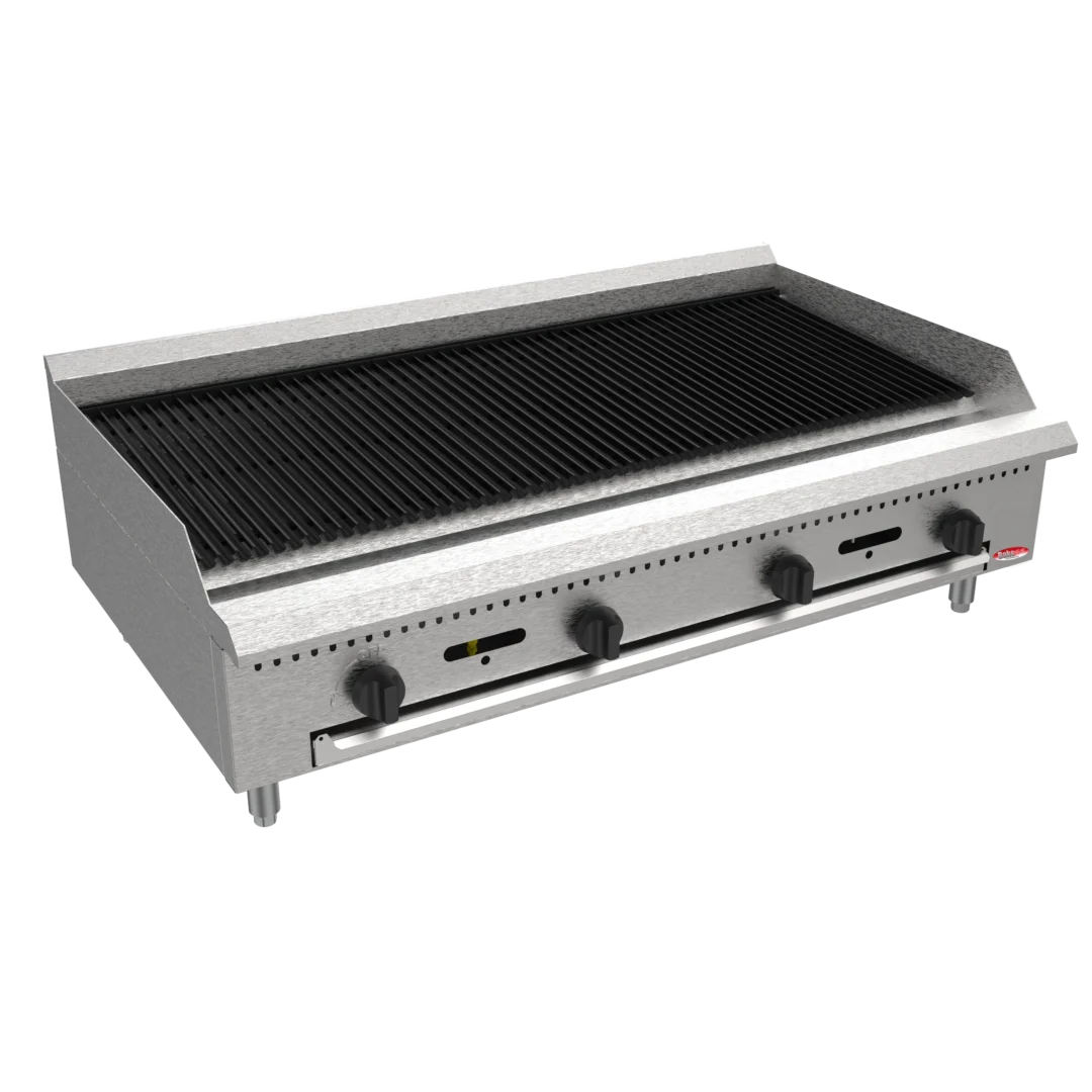 BakeMax America BACGG48 Commercial Countertop 48 Inch Wide Four Burner Manual Radiant Gas Charbroiler Grill Front Left View Main Product Picture with Background Removed