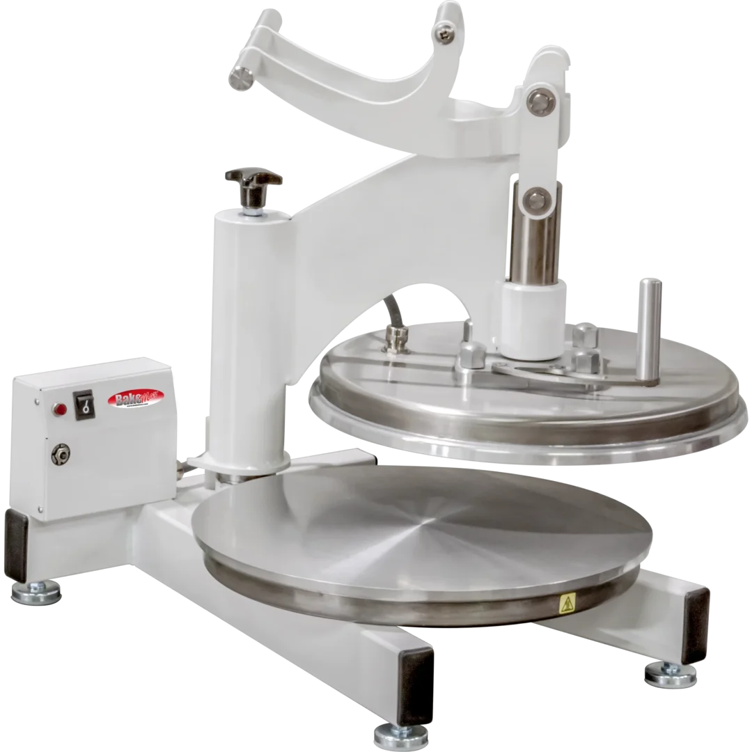 BakeMax BMDMS218 Commercial Countertop White Powder Coated Manual Dual Heat Dough Press Front Left Main Product Image with Background Removed