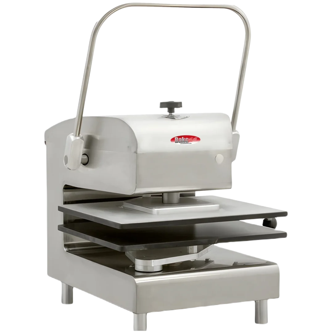 BakeMax BMDXMSSCP Countertop Commercial Stainless Steel Manual Meat Press with Non-Stick PTFE Coated Upper & Lower Platens for Medium to High Production Volumes Front View Main Product Image with Background Removed