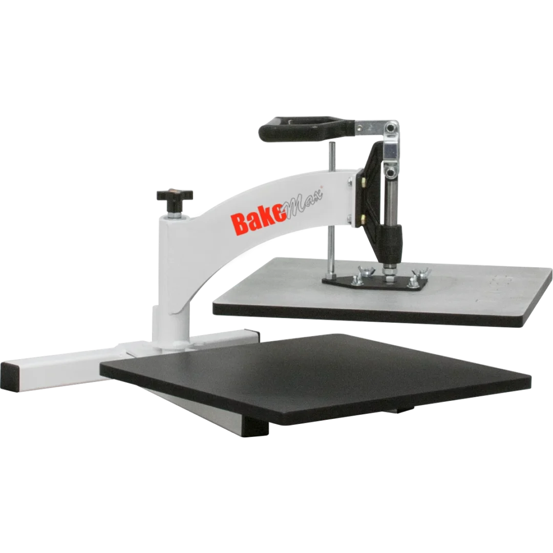 BakeMax BMTXM15CP Commercial Countertop White Powder Coated Manual Swing Away Meat Press with Non-Stick PTFE Coated Upper & Lower Platens for Low or Medium Production Volumes Left Side Front With Top Platen Swung Away with Background Removed