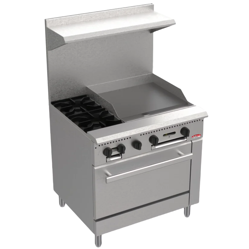 BakeMax America BAS36-12 Commercial Floor Model 36 Inch 2 Burner Gas Range With 24 Inch Griddle and Bakery Oven Main Product Picture