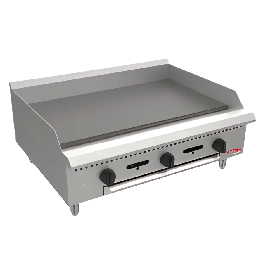 BakeMax America BATG36 Commercial Countertop 36 Inch Wide Three Burner Thermostatic Gas Griddle Main Product Image with Background Removed
