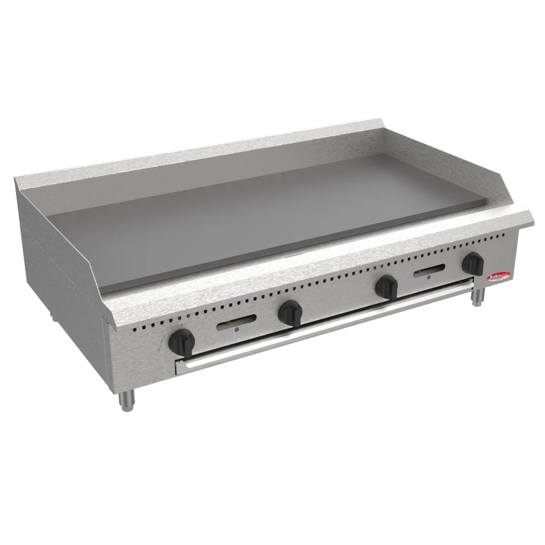 BakeMax America BATG48 Commercial Countertop 48 Inch Wide Four Burner Thermostatic Gas Griddle Main Product Image with Background Removed