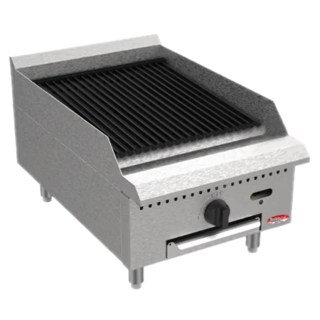 BakeMax America BACGG18 Commercial Countertop 18 Inch Wide Single Burner Manual Radiant Gas Charbroiler Grill Main Front Left View Product Picture with Background Removed
