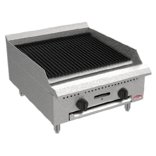 BakeMax America BACGG24 Commercial Countertop 24 Inch Wide Two Burner Manual Radiant Gas Charbroiler Grill Front Left View Main Product Picture with Background Removed