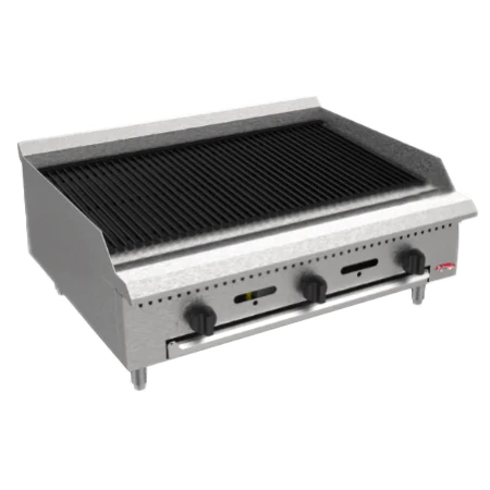 BakeMax America BACGG36 Commercial Countertop 36 Inch Wide Three Burner Manual Radiant Gas Charbroiler Grill Front Left View Main Product Picture with Background Removed