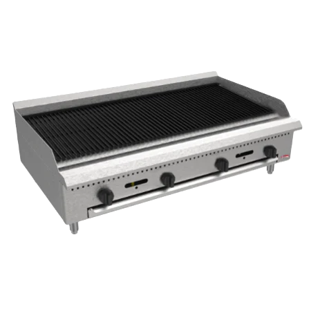 BakeMax America BACGG48 Commercial Countertop 48 Inch Wide Four Burner Manual Radiant Gas Charbroiler Grill Front Left View Main Product Picture with Background Removed