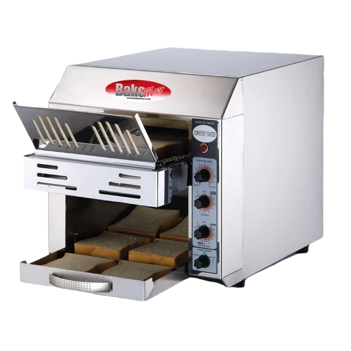 BakeMax BMCT300 Commercial Countertop Stainless Steel Electric 2 Slice Wide Conveyor Toaster Main Product Image