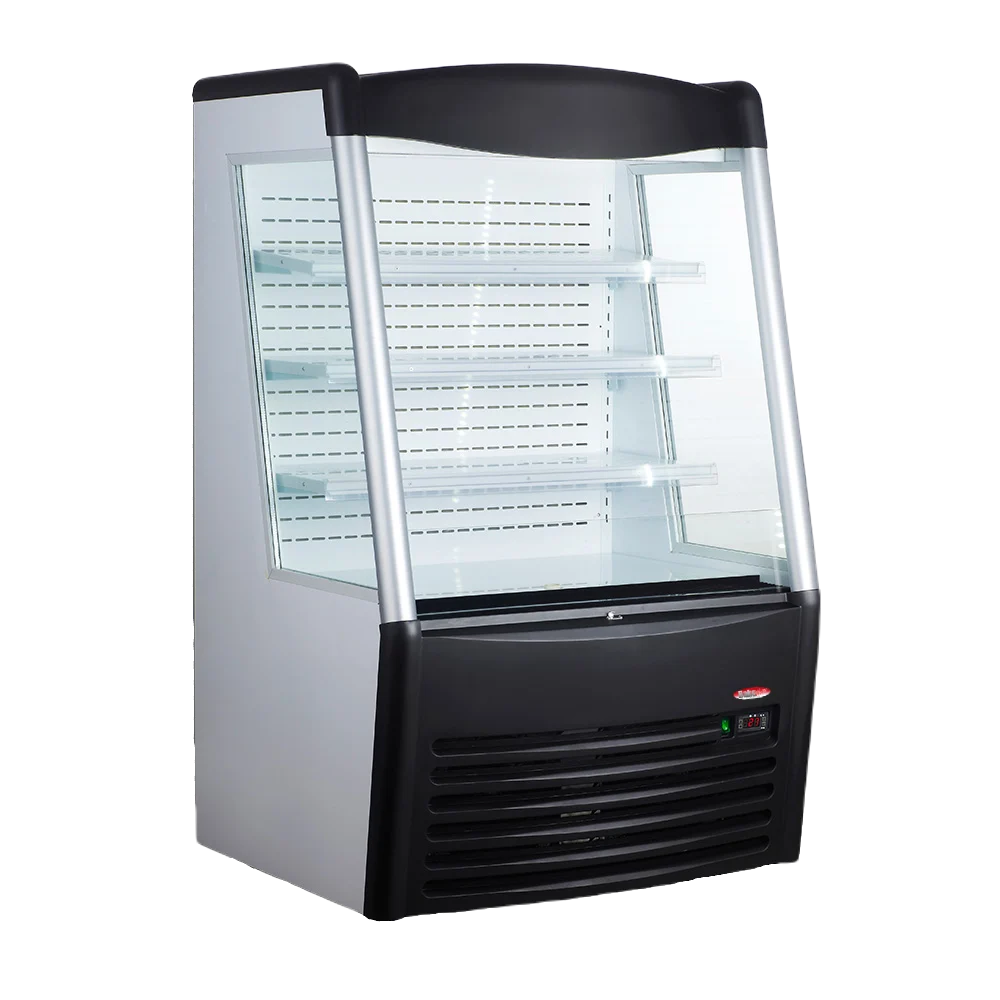 BakeMax BMGG036 Floor Model 36 Inch Wide Refrigerated Open Air Display Case with Night Curtain and Casters Main Image