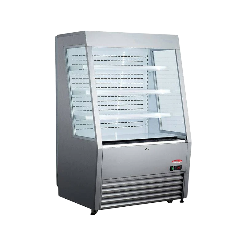 BakeMax BMGGS36 Floor Model 36 Inch Wide Stainless Steel Refrigerated Open Air Display Case with Night Curtain and Casters Main Image