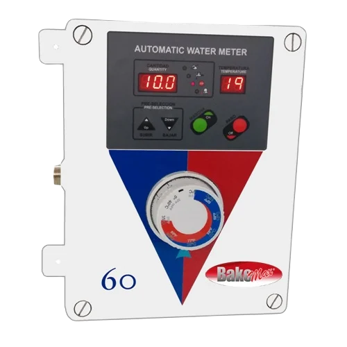 BakeMax BMWM015 Wall Mounted Digital Bakery Water Meter with Automatic Mixer Controls Front View With Numbers Shown on Digital Display and Background Removed